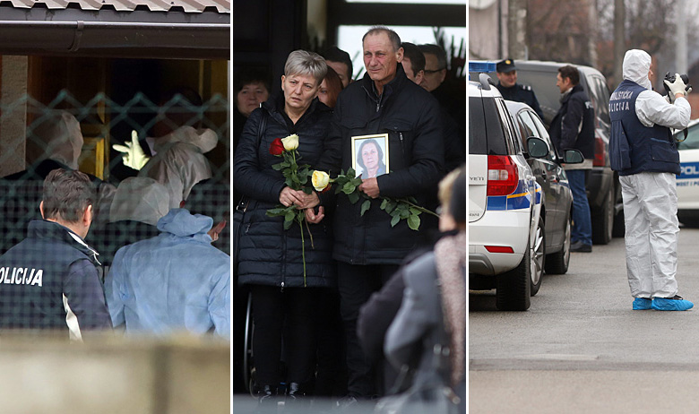 Očevid u Novakovcu (lijevo i desno), pogreb ubijene na groblju u mjestu Dekanovec (u sredini)