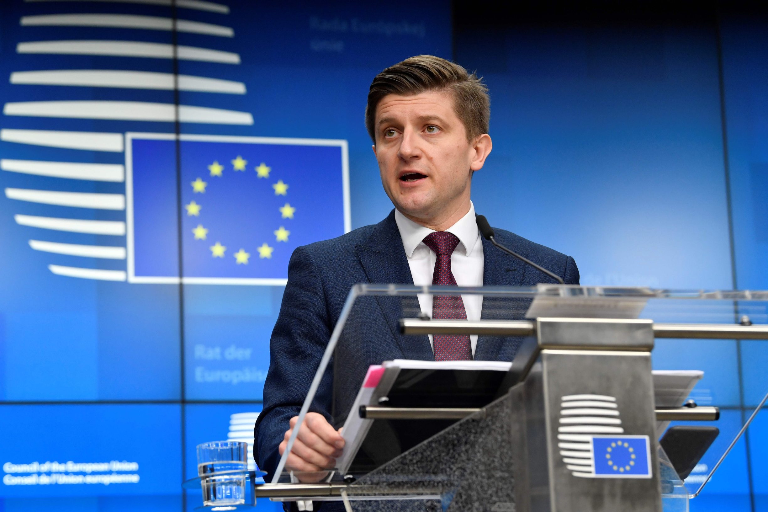 Croatian Finance Minister Zdravko Maric speaks during a press conference during  a Ecofin Council meeting at the EU headquarters in Brussels 