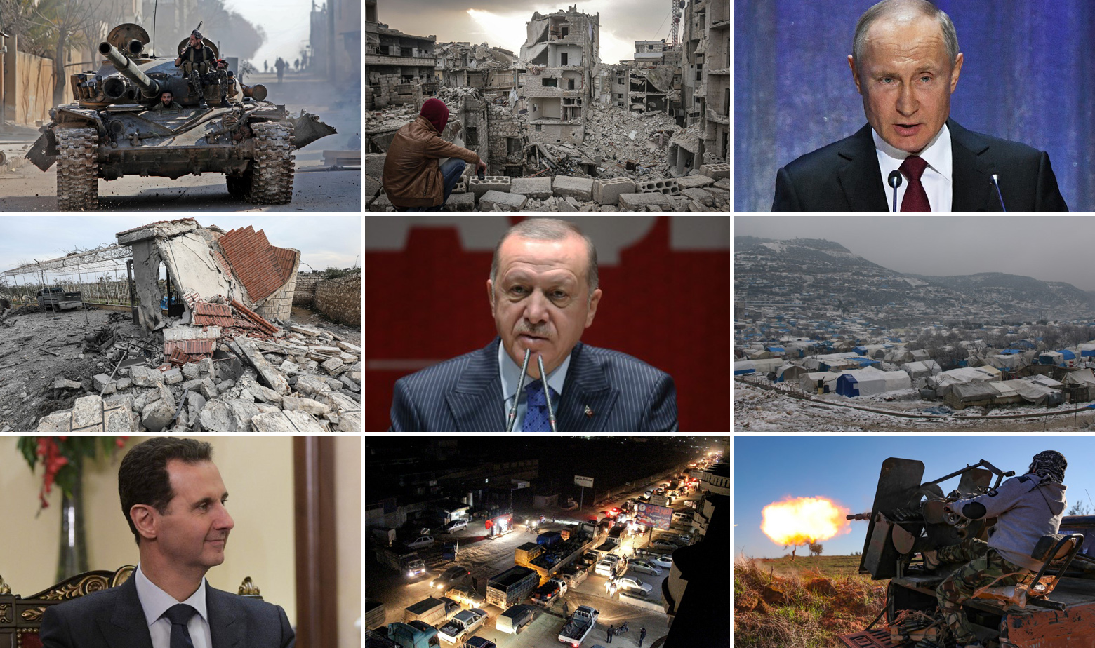 Bašar al-Asad, Recep Tayyip Erdogan, Vladimir Putin i prizori iz provincije Idlib (Sirija)