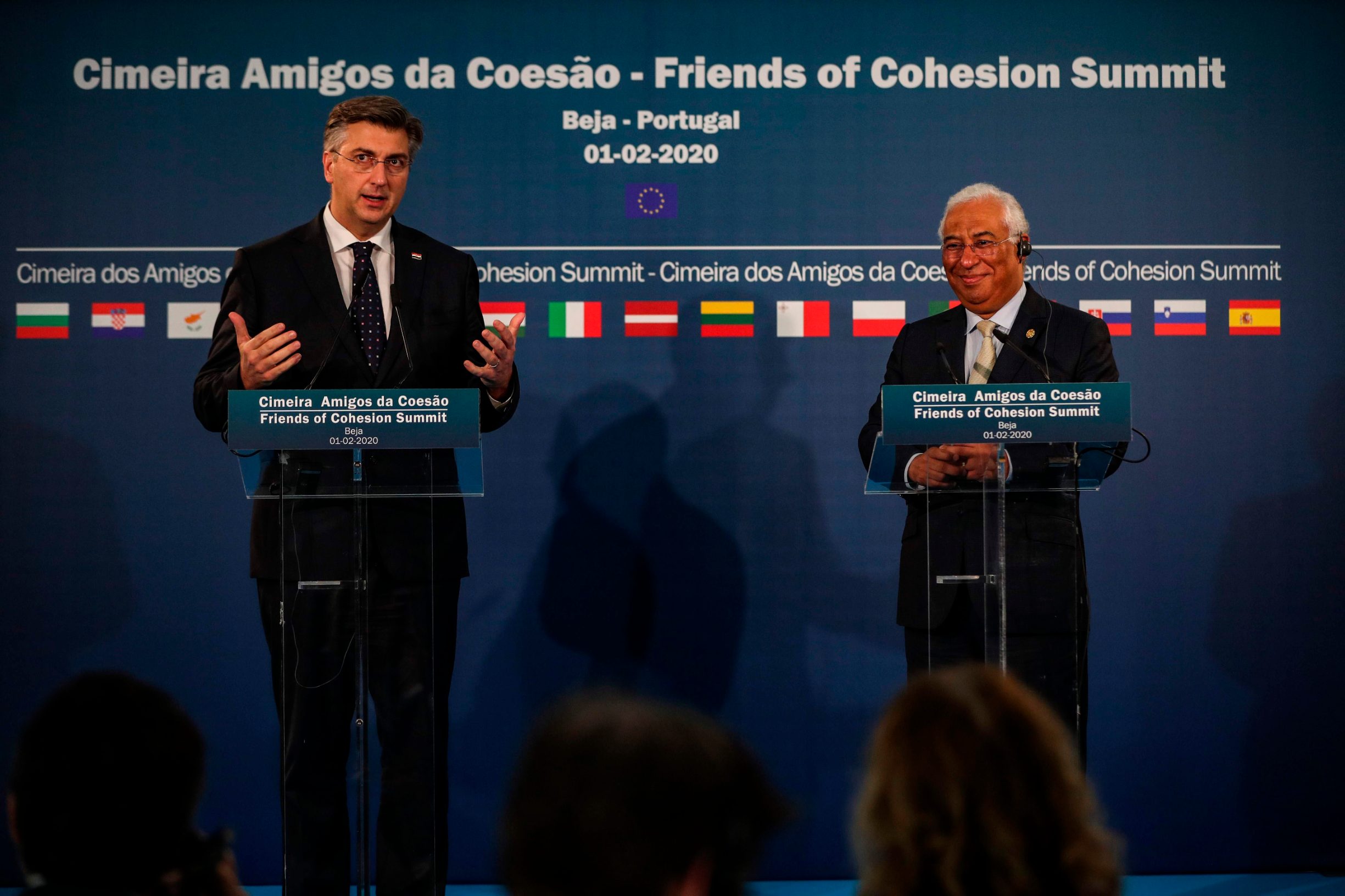 Portugal's Prime Minister Antonio Costa (R) and  Croatia's Prime Minister Andrej Plenkovic hold a joint press conference at the 