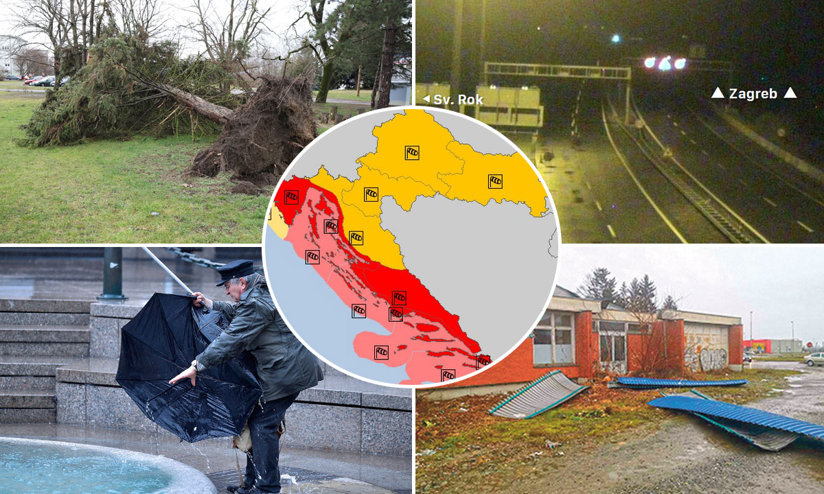 srušeno stablo u Čakovcu (gore lijevo), zatvorena autocesta A1 (gore desno), kiša u Zagrebu (dolje lijevo), srušen krov Autobusnog kolodvora u Našicama (dolje desno), upozorenja Meteoalarma (u krugu)