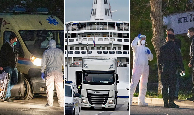 Dovođenje ljudi u karantenu bloka C hotela Zagreb u Splitu (lijevo i desno), brod 'Marco Polo' (u sredini)