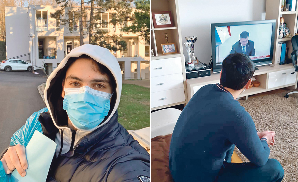 Lijevo: prvi selfie nakon izlaska. U pozadini je zgrada u kojoj je mladić na 2. katu, u sobi br. 4, bio u karanteni. Desno: prva fotografija kod kuće
