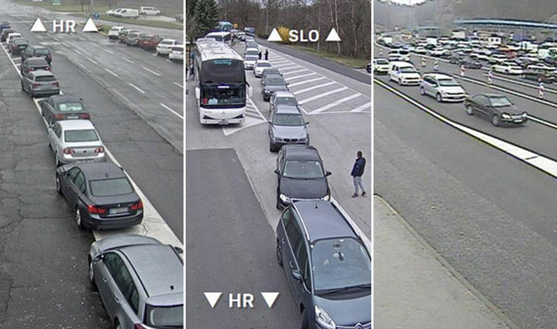 Gužve na graničnim prijelazima Bregana (lijevo), Dubrava Križovljanska (u sredini) i Macelj (desno)