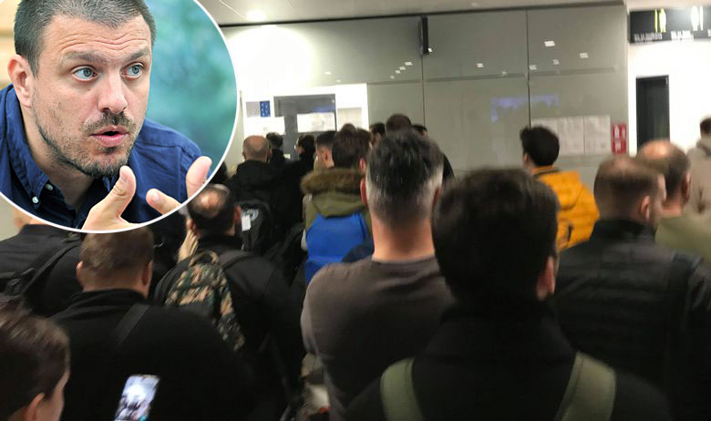 Mate Janković (u krugu) i gužva u zagrebačkoj zračnoj luci snimljena danas poslijepodne