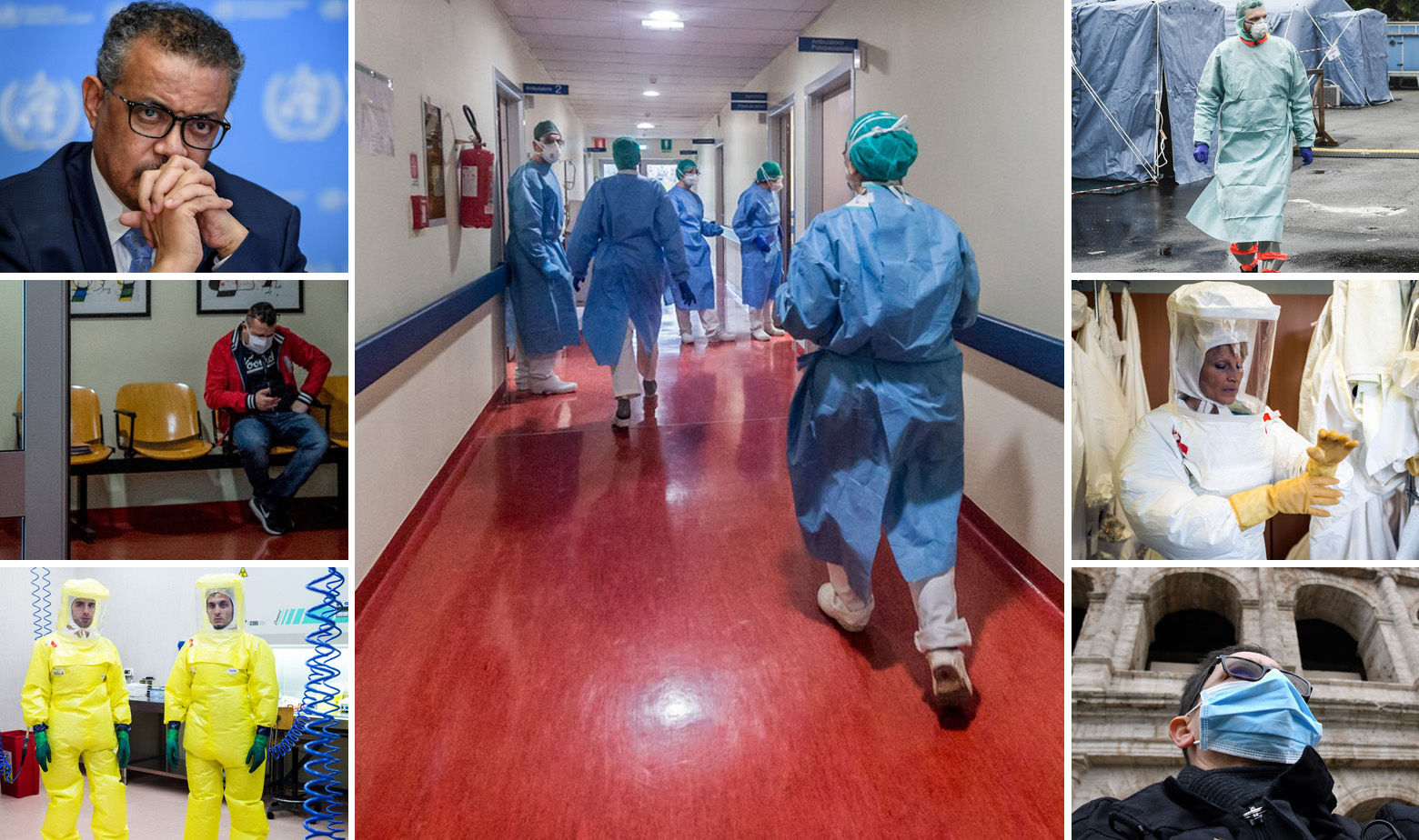 Ravnatelj WHO-a Tedros Adhanom Ghebreyesus (gore lijevo), ostalo prizori iz Italije