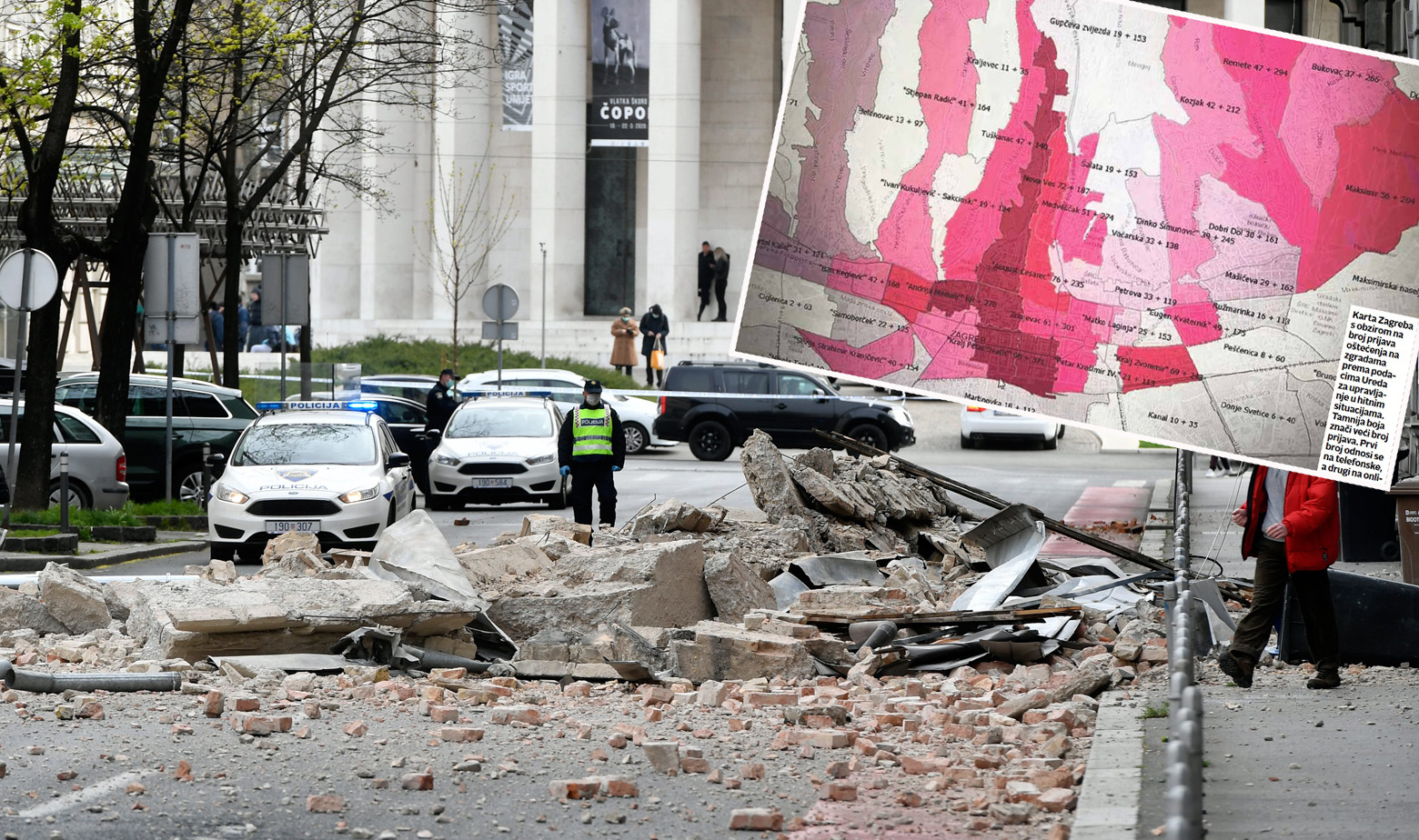 Posljedice potresa pokraj Trga žrtava fašizma i karta Zagreba s prijavljenim oštećenjima