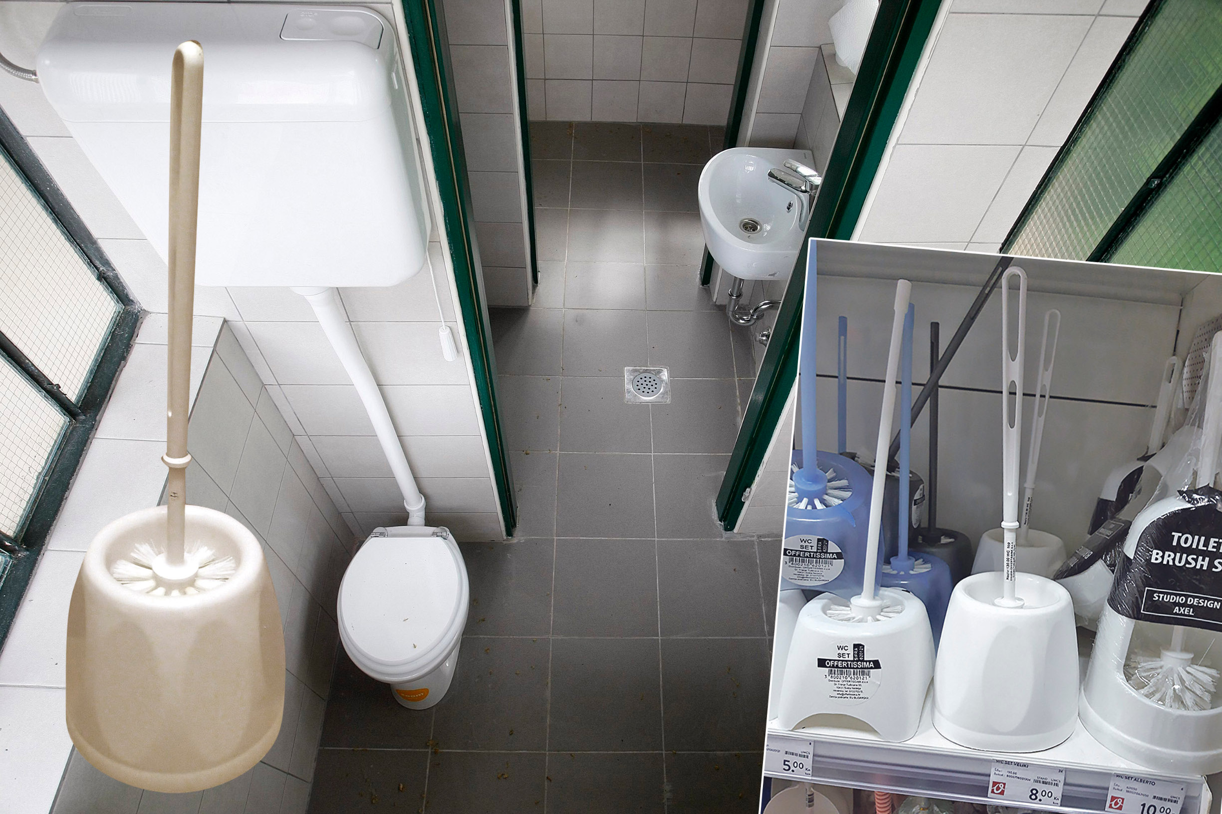 Ilustracija sanitarnog čvora (glavna fotografija), WC četka postavljena u Trnjanskoj Savici (lijevo), WC četke koje stoje 8 kuna u dućanu