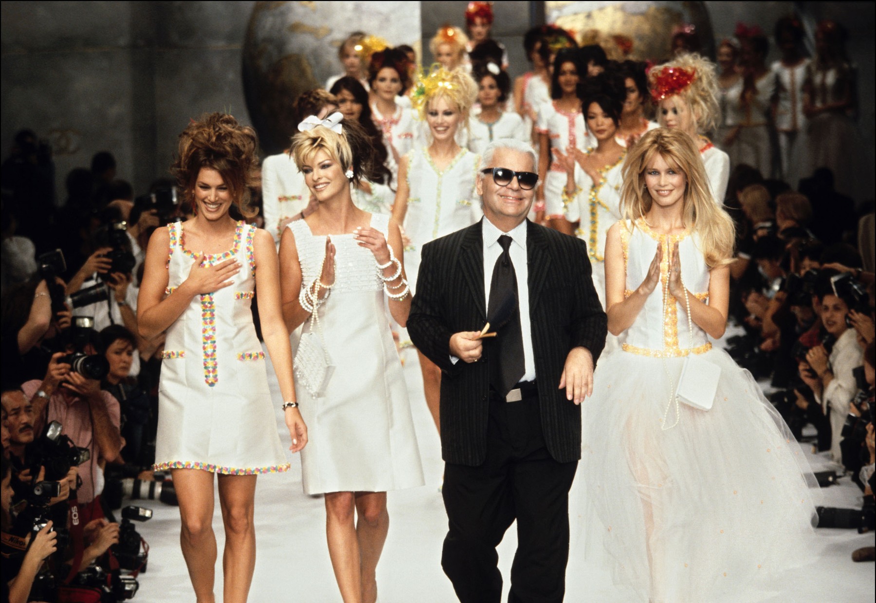 Cindy Crawford, Linda Evangelista, Karl Lagerfeld i Claudia Schiffer