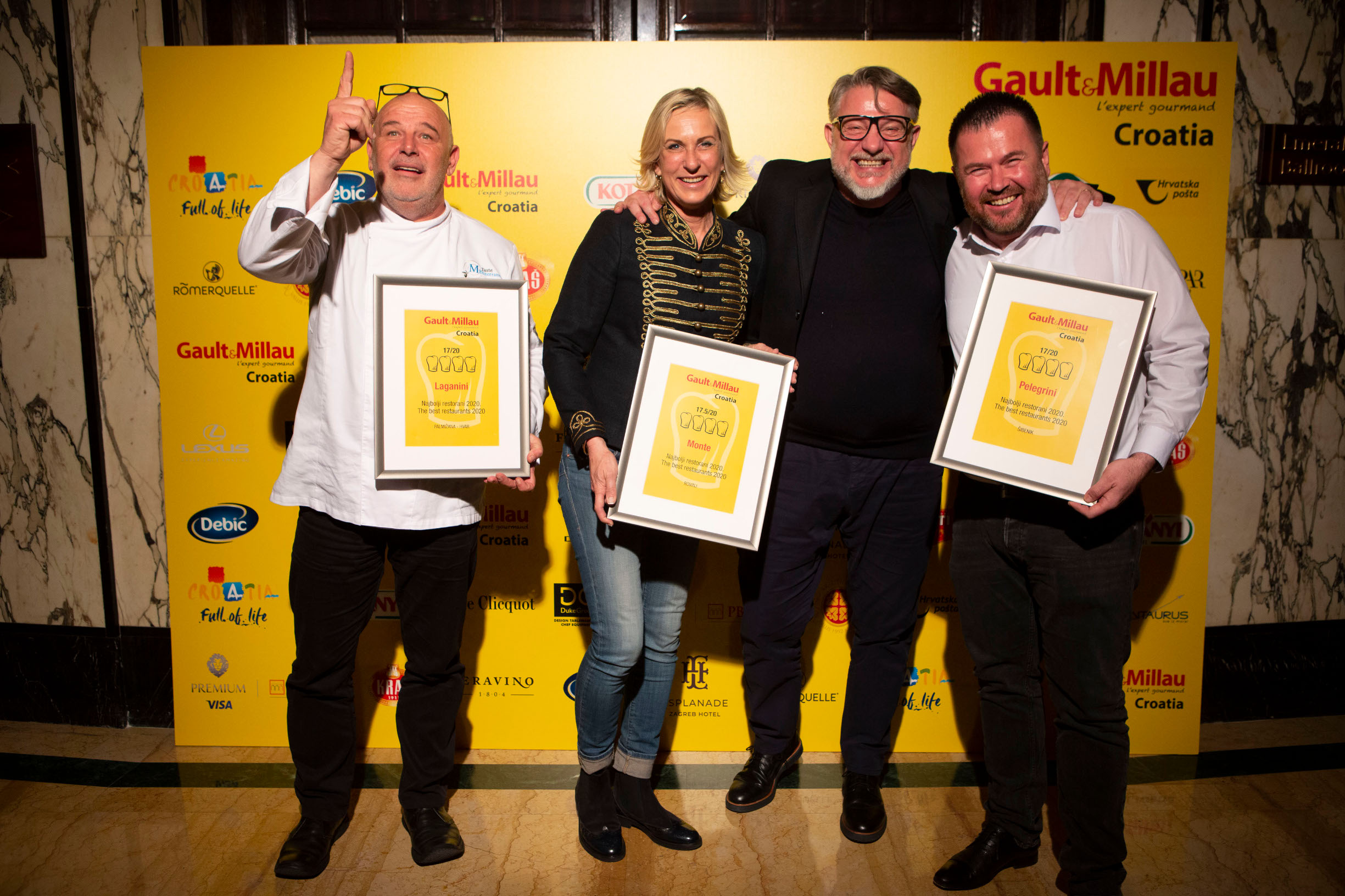 Dobitnici nagrade najbolji restorani 2020.: restoran Laganini - chef Hrvoje Zirojević, restoran Monte - chef i vlasnici Danijel Đekić i supruga Tijtske Đekić Brusse i restoran Pelegrini - chef Rudolf Stefan.