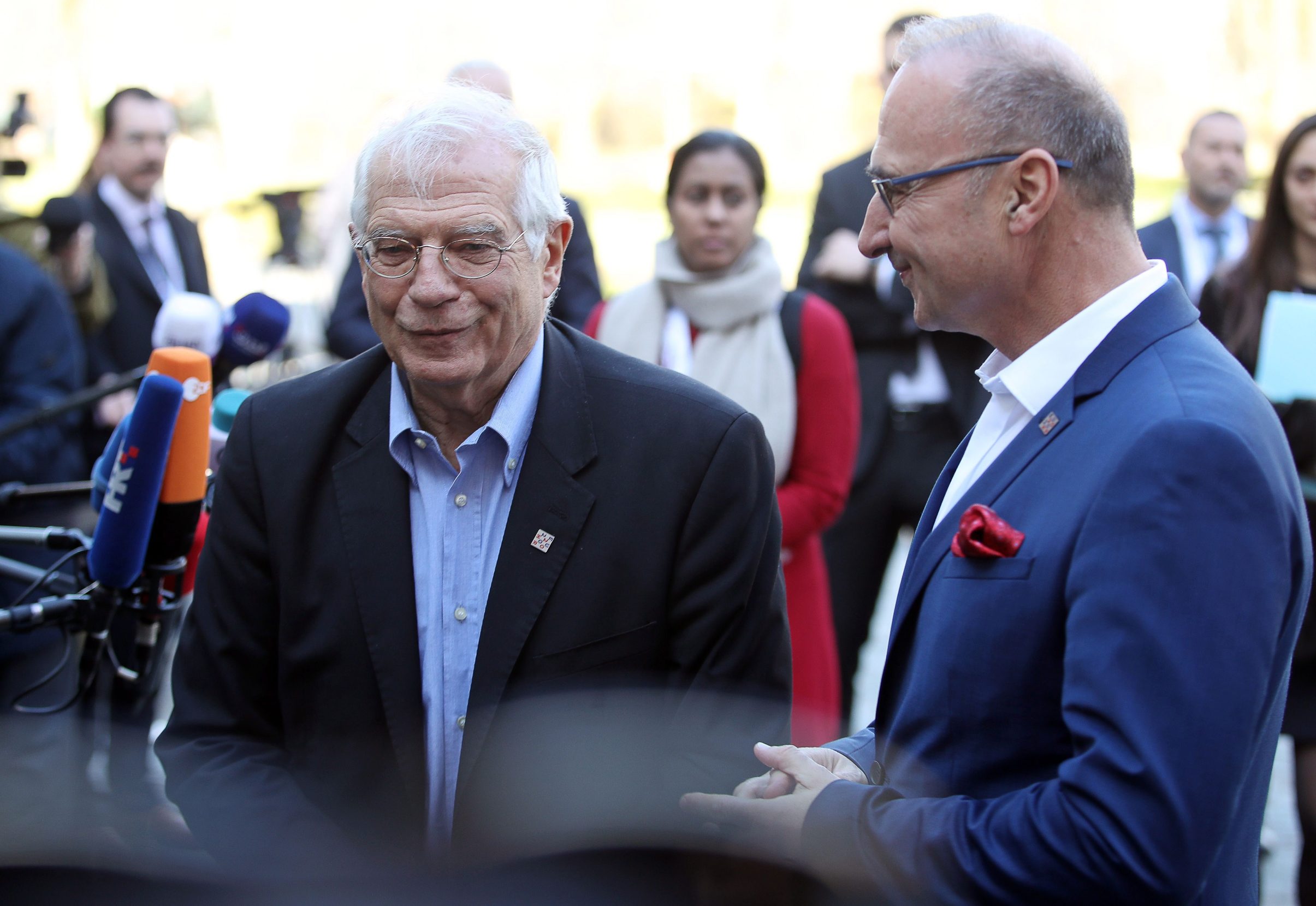 High Representative of the European Union Josep Borrell Fontelles (L) and Croatian Foreign Minister Gordan Grlic Radman (R) arrive at the  Informal meeting of EU Foreign Affairs ministers (Gymnich) at Luznica Castle near Zagreb on March 5, 2020