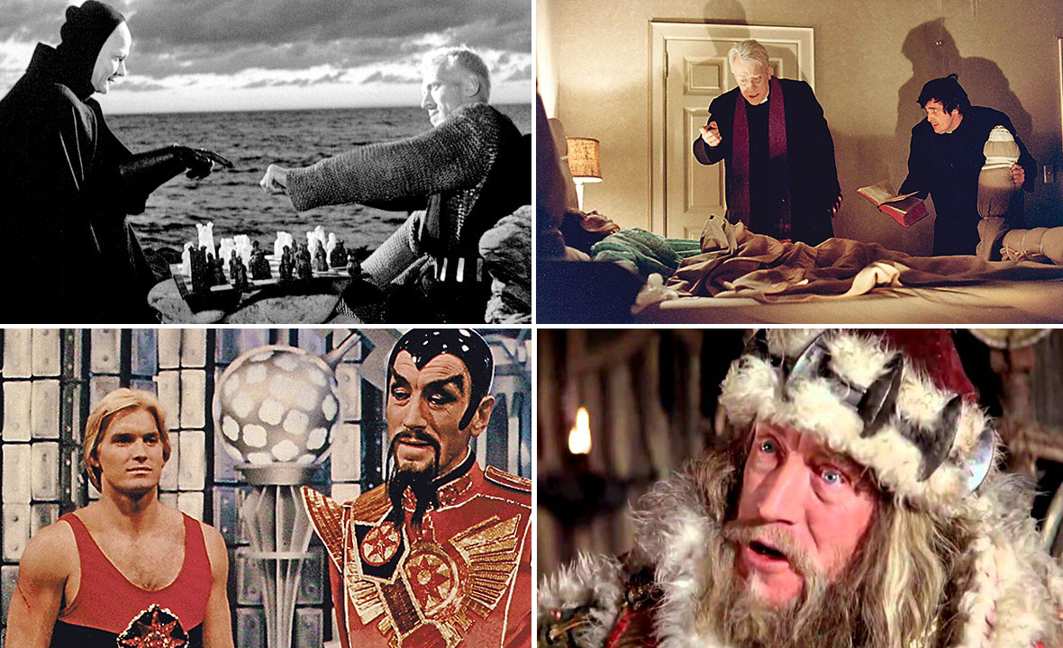 Max von Sydow u filmovima 'Sedmi pečat' (gore lijevo), 'Egzorcist' (gore desno), 'Flash Gordon' (dolje lijevo) i 'Konan Barbarin' (dolje desno)