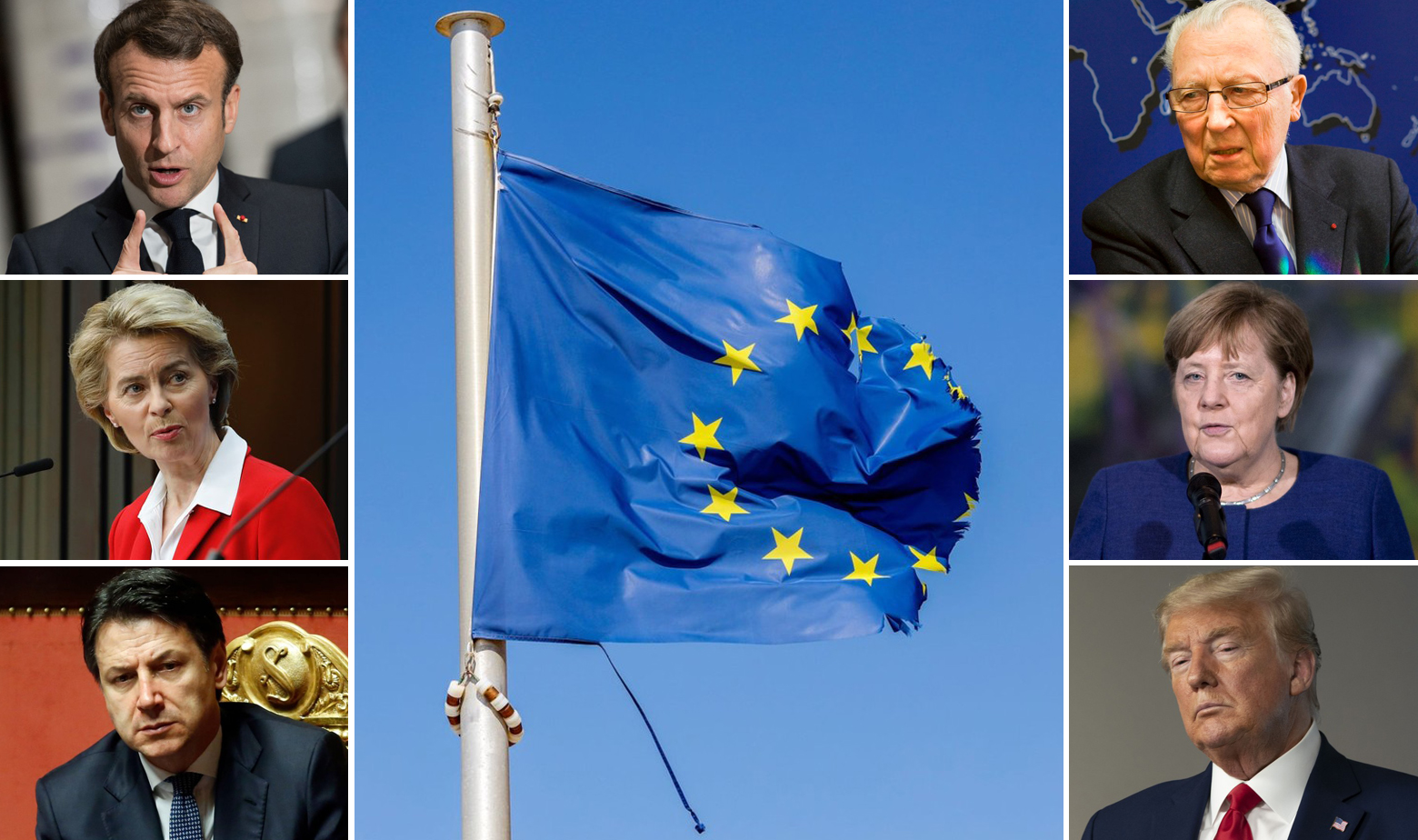 Lijevo, s gore na dolje: Emmanuel Macron, Ursula von der Leyen, Giuseppe Conte; Desno, s gore na dolje: Jacques Delors, Angela Merkel, Donald Trump