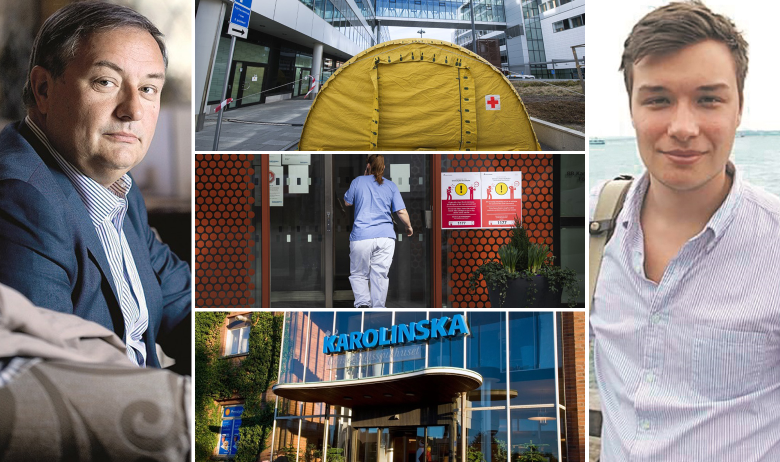 Nenad Bogadović (lijevo), prizori ispred bolnice Karolinska i Darko Bogdanović (desno)