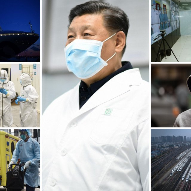 Kruzer Diamond Princess (gore lijevo), Xi Jinping (u sredini), prizori iz Wuhana i Hong Konga te superbrzi vlakovi koji danima stoje na stanici u Wuhanu (dolje desno)