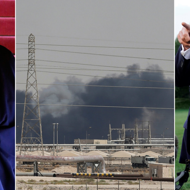 Iranski predsjednik Hassan Rouhani (lijevo), napadnuta saudijska rafinerija (u sredini) i Donald Trump (desno)