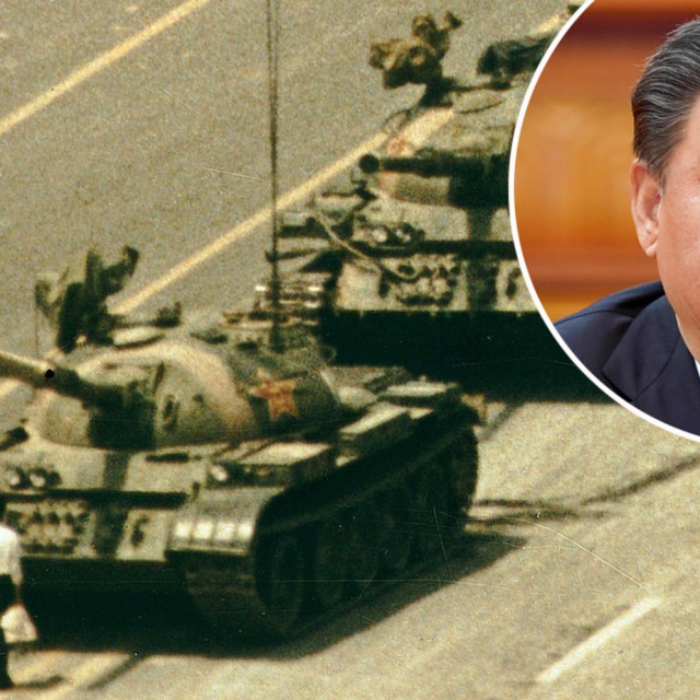 Prizor tijekom prosvjeda na Tiananmenu 1989. i Xi Jinping u krugu