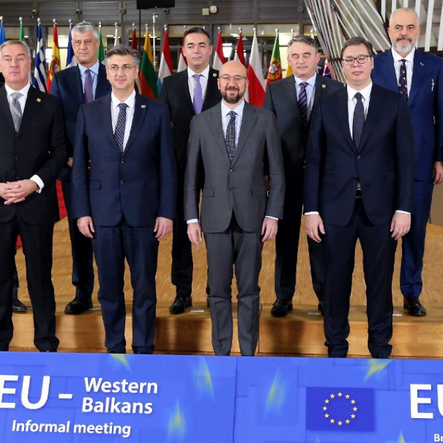 European Commission President Ursula Von der Leyen (R), European Council Charles Michel (front row C), European Parliament President David-Maria Sassoli, Croatian Prime Minister Andrej Plenkovic (2nd L), President of Kosovo Hashim Tachi (rear row 2nd L), Albanian Prime Minister Edi Rama (2nd R), Minister of Foreign Affairs for North Macedonia, Nikola Dimitrov (rear row C), Croat Member of the Presidency of Bosnia and Herzegovina Zeljko Komsic (rear row 3rd R), President of Montenegro Milo Cukanovic (front row L) and Serbian President Aleksandr Vucic (front row R) pose for a photo as they arrive for an EU Western Balkans informal meeting at European Building in Brussels, Belgium on February 16, 2020