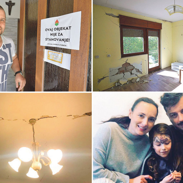 Juraj Novina (lijevo gore), šteta u stanu obitelji Novina (gore desno), šteta u stanu obitelji Landeka Štampalija (dolje lijevo), obitelj Landeka Štampalija (dolje desno)