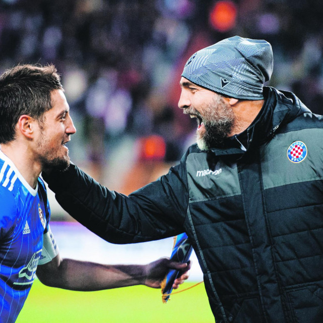 Split, 040320 Stadion Poljud. Nogometna utakmica 25. kola HT Prve lige, Hajduk - Dinamo. Na fotografiji: Igor Tudor i Arijan Ademi