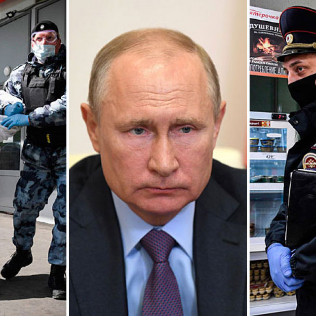 Ruska garda uhićuje muškarca ispred supermarketa u Moskvi (lijevo), Vladimir Putin (u sredini) i ruski policajac (desno)