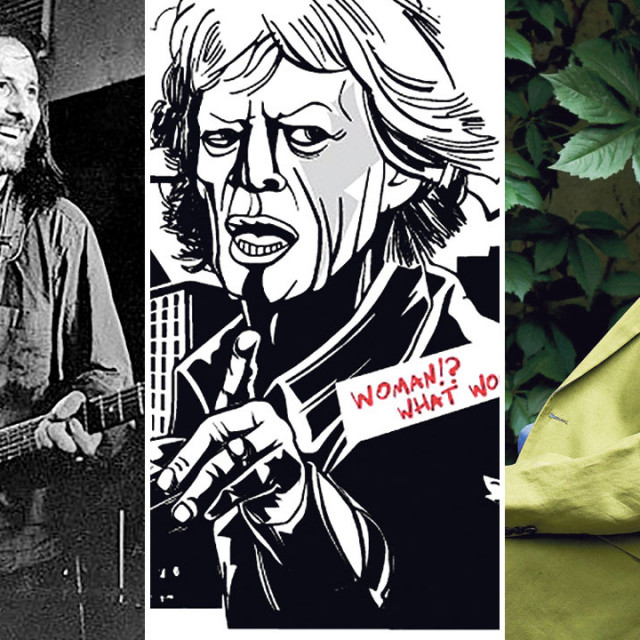 Branimir Štulić (lijevo), Mick Jagger na ilustraciji Davora Schunka (u sredini) i Boris Leiner (desno)
