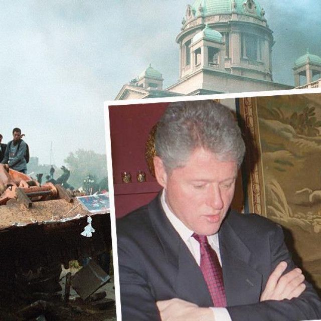 Prizor ispred Skupštine u Beogradu na dan izbora 5. listopada 2000 te Bill Clinton i Slobodan Milošević