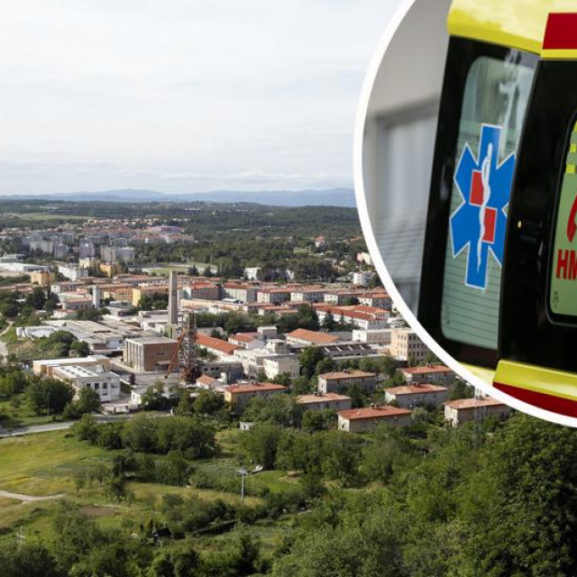 Ilustracija: panorama Labina i Hitna pomoć u krugu