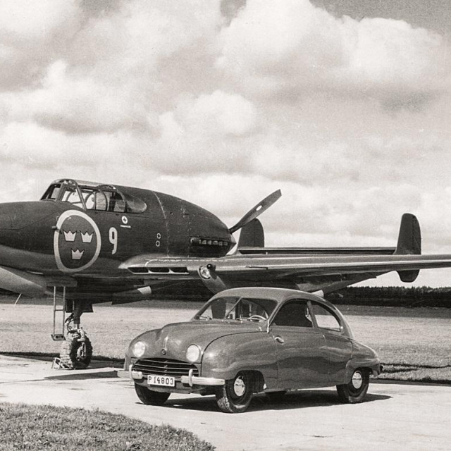 1949 Saab 92 with Saab 21 Jet Fighter plane