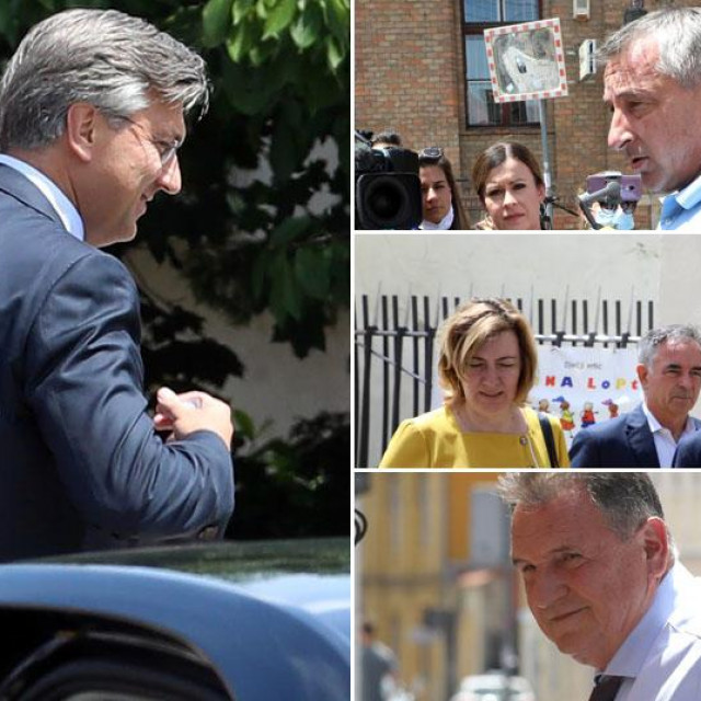 Andrej Plenković, Predrag Štromar, Milorad Pupovac, Boris Milošević i Radimir Čačić prije sastanka u Baltazaru