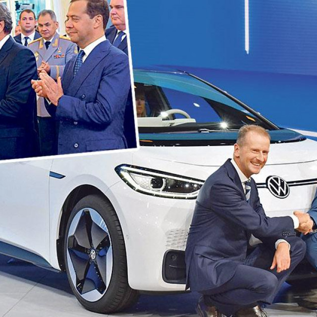 Glavni izvršni direktor koncerna Volkswagen Herbert Diess na sajmu u Frankfurtu 2019. (na glavnoj fotografiji); bivši kancelar Gerhard Schröder ima prijateljske odnose s Putinom (gore lijevo)