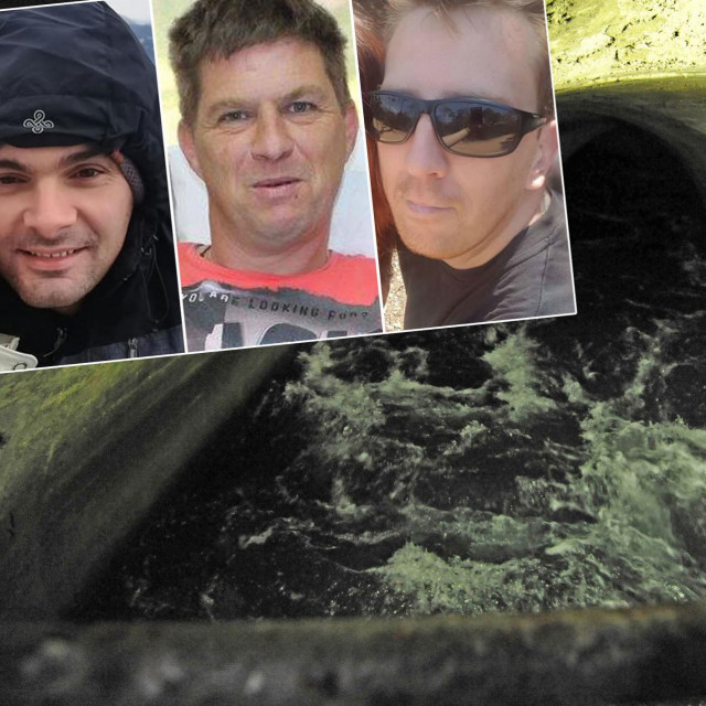 Mato Maškarić, Ivica Zvrko i Davor Pozniak (na fotografijama gore lijevo); odvodni kanal koji vodi od HE do mora u koji su skočila trojica radnika (glavna fotografija)