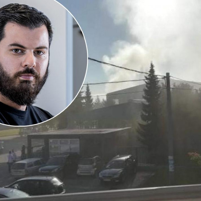 Požar u Rimčevoj tvornici; u krugu: Mate Rimac