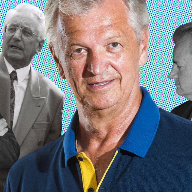 Miomir Žužul; u pozadini crno-bijelo s lijeva na desno: Bill Clinton, Franjo Tuđman, Slobodan Milošević