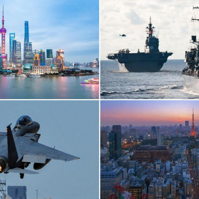 Panorama Šangaja, japanski ratni brodovi, južnokorejski borbeni avion i panorama Tokija