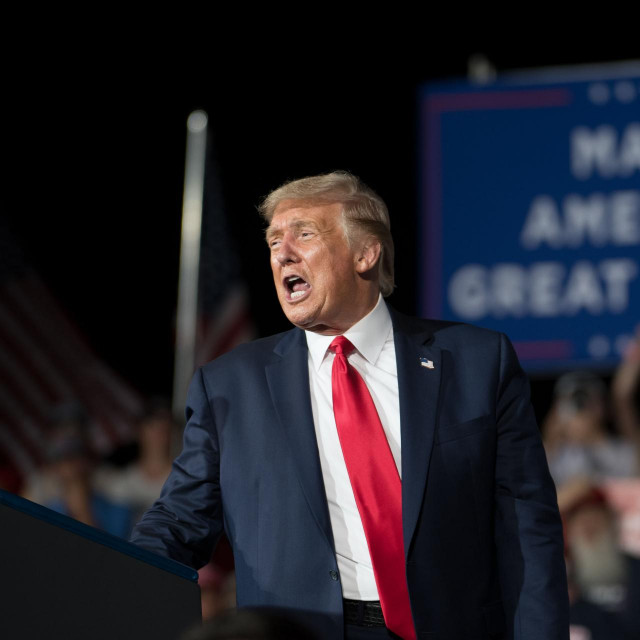 WINSTON SALEM, NC - SEPTEMBER 08: President Donald Trump addresses the crowd during a campaign rally at Smith Reynolds Airport on September 8, 2020 in Winston Salem, North Carolina. The president also made a campaign stop in South Florida on Tuesday. Sean Rayford/Getty Images/AFP
== FOR NEWSPAPERS, INTERNET, TELCOS & TELEVISION USE ONLY ==