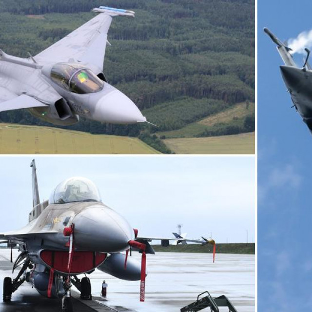 JAS 39 Gripen (gore lijevo), F-16 Barak (dolje lijevo), Dassault Rafale