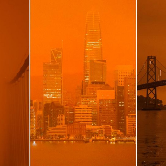 San Francisco, lijevo Golden Gate, u sredini panorama, desno Bay Bridge