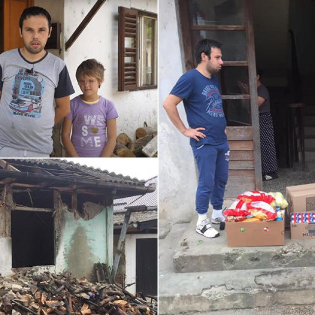 Gore lijevo: obitelj Ćosić; dolje lijevo: posljedice požara; desno: obitelj Ćosić prima pomoć