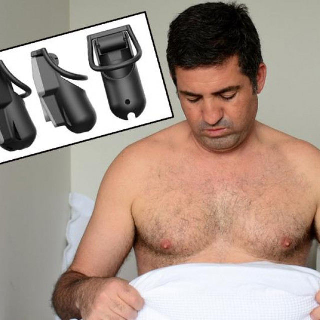 Ilustracija muškarca i lokot čednosti lijevo