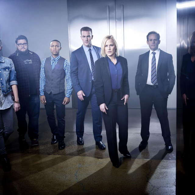 (L-R) Hayley Kiyoko, Charley Koontz, Shad Moss, James Van Der Beek, Patricia Arquette and Peter MacNicol on the set of the CBS drama CSI: CYBER, scheduled to premiere on the CBS Television Network on Wednesday, March 4, 2015 (10:00-11:00 PM, ET/PT). Photo: Randee St. Nicholas/CBS © 2015 CBS Broadcasting Inc. All Rights Reserved.