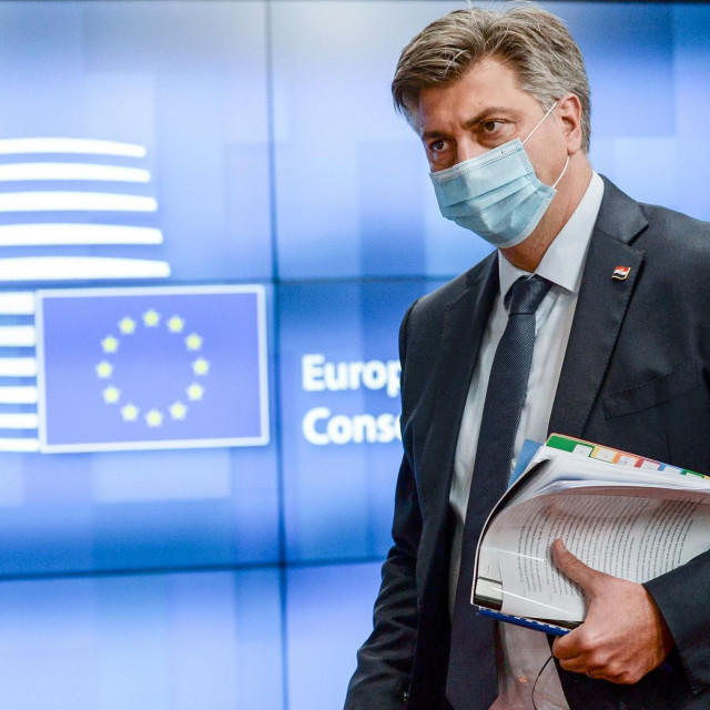 Croatia's Prime Minister Andrej Plenkovic attends the European Union leaders face-to-face summit in Brussels, on October 16, 2020. (Photo by JOHANNA GERON/POOL/AFP)