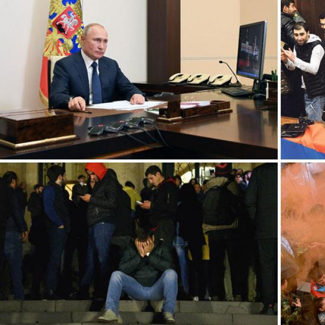 Vladimir Putin (gore lijevo), kaos u armenskom parlamentu (gore desno), nezadovoljstvo u Erevanu (dolje lijevo), slavlje u Azerbajdžanu (dolje desno)