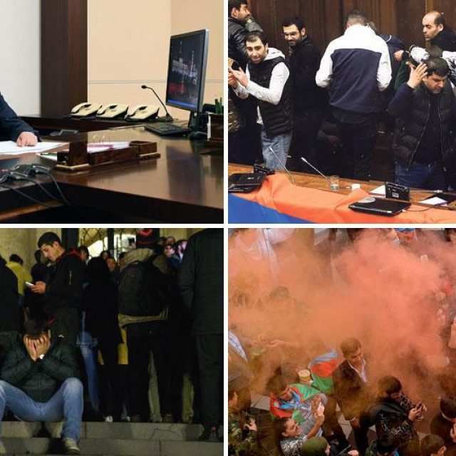Vladimir Putin (gore lijevo), kaos u armenskom parlamentu (gore desno), nezadovoljstvo u Erevanu (dolje lijevo), slavlje u Azerbajdžanu (dolje desno)