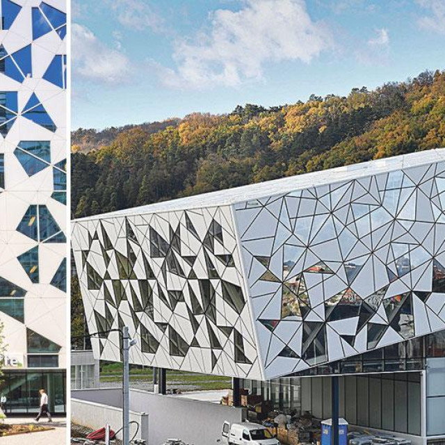 Pročelje poslovne zgrade Deloittea u Oslu (lijevo), pročelje zgrade nove sljemenske žičare (desno)