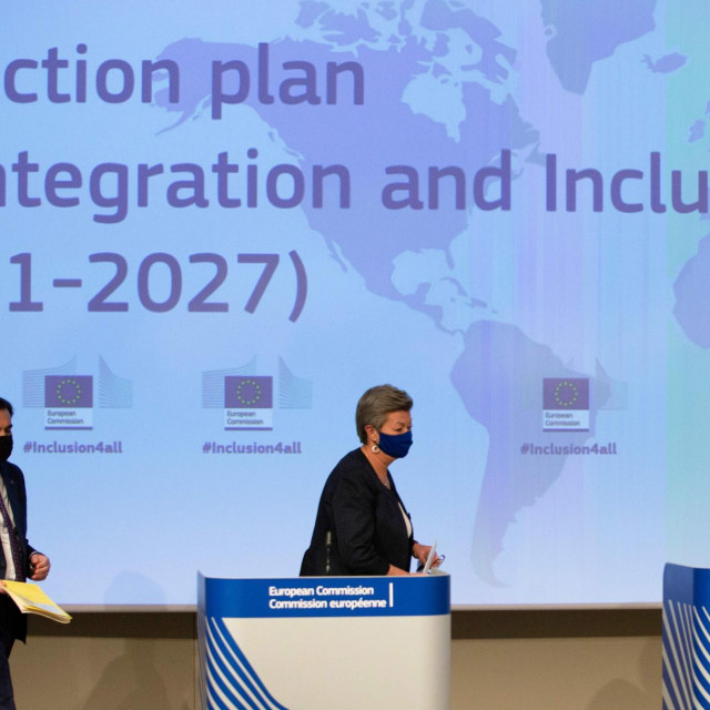European Commissioner for Promoting our European Way of Life Margaritis Schinas (L) and European Commissioner for Home Affairs Ylva Johansson arrive for a press conference at EU headquarters in Brussels, on November 24, 2020 after European Union presented its EU Action Plan on Integration and Inclusion for 2021-2027. (Photo by Virginia Mayo/POOL/AFP)