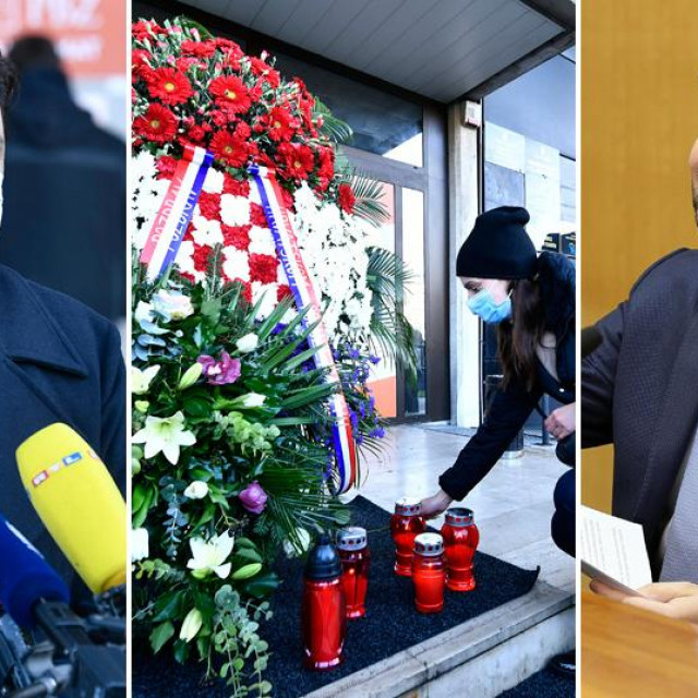 Hrvoje Bujas (lijevo), prosvjed ispred Ministarstva gospodarstva (u sredini), ministar Ćorić (desno)