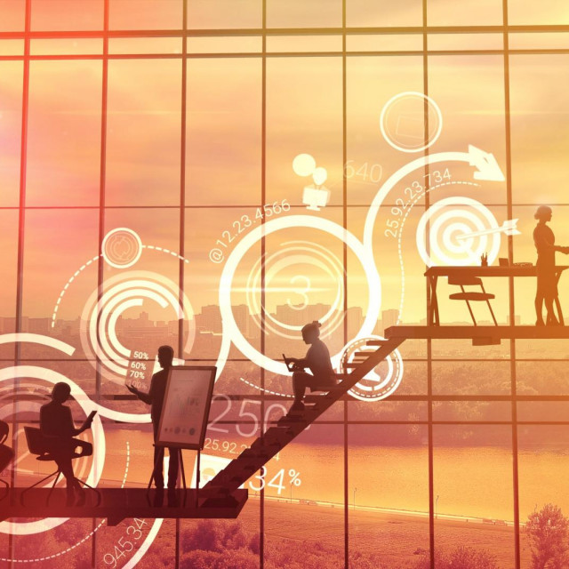 Against the backdrop of office windows is a staircase on each floor which depicts a new stage of development.,Image: 371874304, License: Royalty-free, Restrictions:, Model Release: no, Credit line: Anna Batalova/Panthermedia/Profimedia