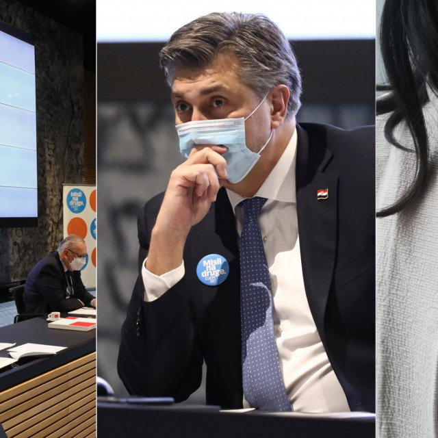 Lijevo: ministri Vili Beroš i Davor Božinović; sredina: Andrej Plenković; desno: bedž ”Misli na druge”