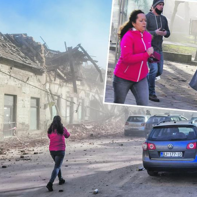 Prizor iz Petrinje nakon potresa i novinarka Tena Šarčević u gornjem desnom kutu